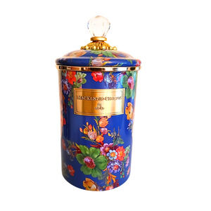 Mackenzie Childs Flower Market Canister Large Enamel Blue Lapis Retired 9.75"